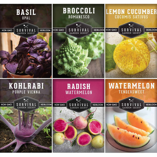Rare Exotic Vegetable & Fruit Seeds – 6 Variety Heirloom Pack with Romanesco Broccoli, Watermelon Radish, Lemon Cucumber, and More