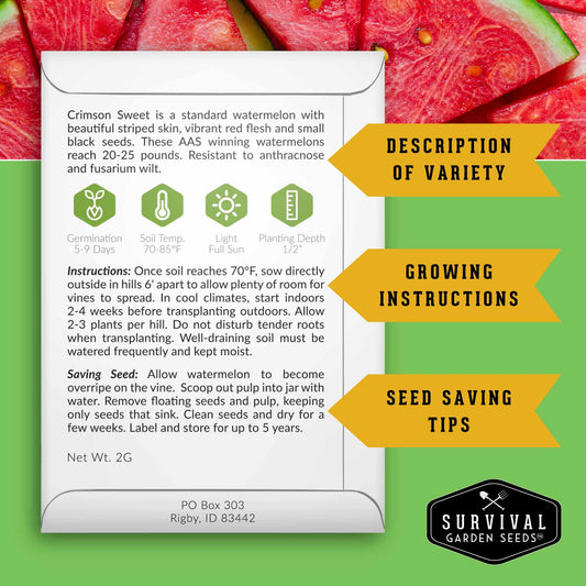 Tri-Color Watermelon Seeds – Crimson Sweet, Yellow Petite & Tendersweet Orange Heirloom Varieties for Vibrant Summer Harvests