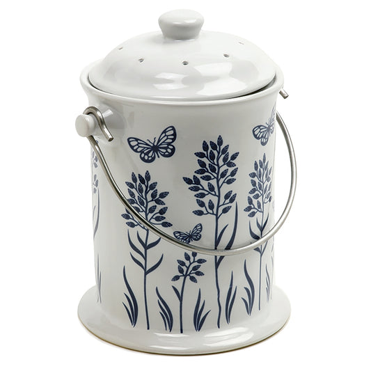 CERAMIC FLORAL BLUE/WHITE COMPOST KEEPER, 3 QUART