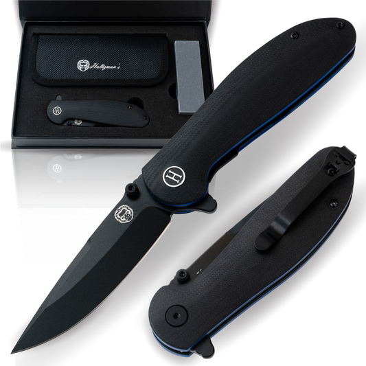 The Straight Back Folding Pocket Knife Giftset for Men and Women (Black and Blue)