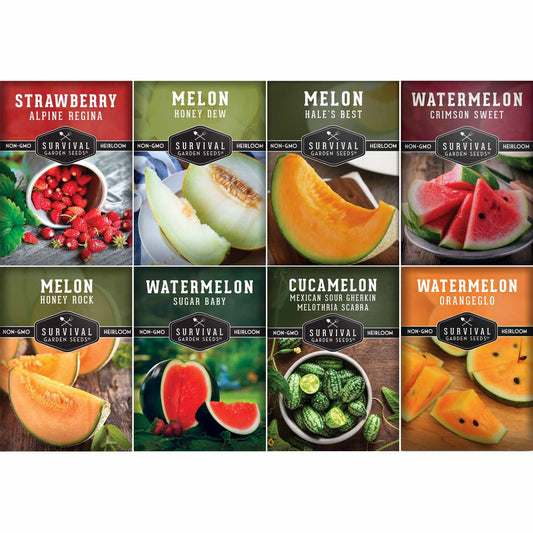8-Variety Heirloom Fruit Seed Collection – Non-GMO Strawberry, Melon & Watermelon Seeds for Home Gardens