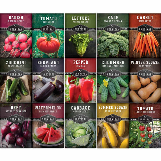 15 Variety Vegetable Garden Seed Collection – Non-GMO Heirloom Survival Seed Vault for Year-Round Growing